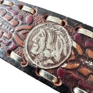 VTG Hand Tooled & Dyed Brown Leather Belt & Buckle sz 38 Native Eagle